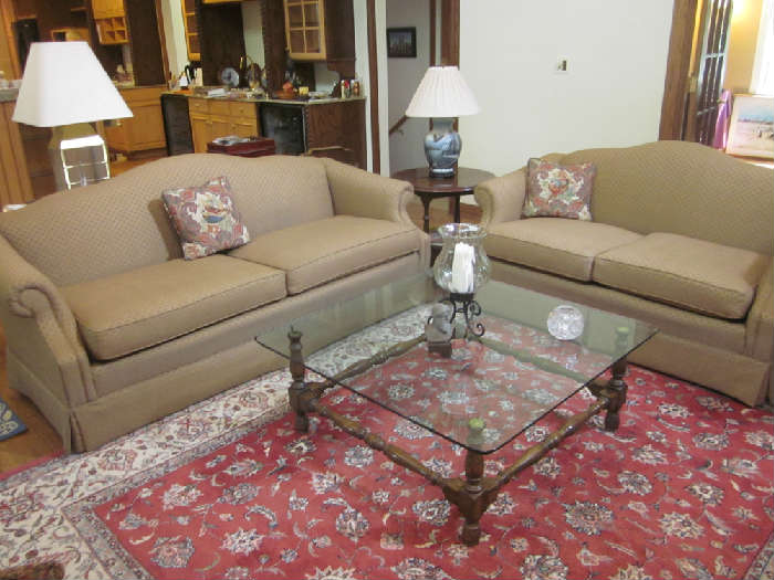 Sofa, Love seat, glass top table with wood base
