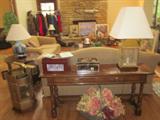Brass stand, sofa table, lamps, florals