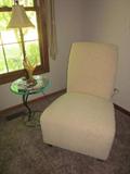 Slipper chair, glass top table, lamps