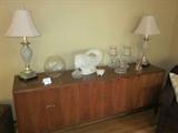 Mid Century teak buffet, table lamps, Hager sculpture.