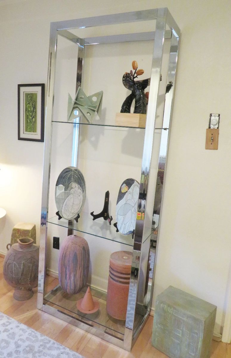 Milo Baughman shelves, Richard Mather Lincoln studio pottery