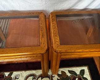 Pair of Oak Wood End Tables with Glass Tops