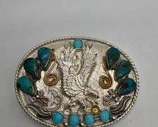 Navajo Sterling Silver And Jeweler's Gold Eagle Belt Buckle With Turquoise Stones. Total Weight 87.3 grams