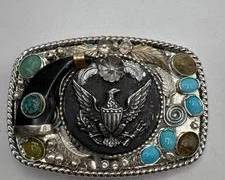 Native American-style Navajo Belt Buckle Featuring An Eagle Motif And Gemstones Total Weight 110 grams
