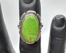 Sterling Silver Ring Featuring Green Gaspeite Cabochon Stone Total Weight 6.3 grams Size 7