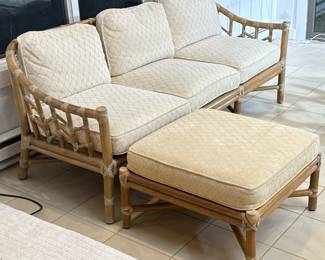 (2pc) McGUIRE RATTAN & RAWHIDE THREE-CUSHION SOFA & OTTOMAN, ORGANIC MID CENTURY | Three seat sofa with seat and backrest cushions, on a rawhide wrapped rattan frame
Dimensions: h. 28 x l. 74 x d. 26.5 in
