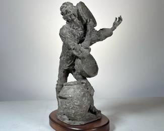 "Petro Enko" Studio Pottery Figure | A signed pottery figure depicting a man with bowls and a jar, signed at the bottom "Petro Enko" and mounted to a wood plinth
Dimensions: h. 13.25 x l. 7.5 in (overall with stand)
