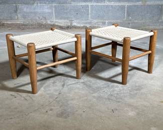 Pair Mid-Century Shaker Style Footstools | Mid-century style stools with woven seats over tapered wood frames
Dimensions: h. 12 x w. 12.75 x l. 14.5 in (ea.)
