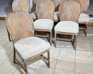 (8pc) McGUIRE RATTAN & RAWHIDE DINING CHAIRS, ORGANIC MID CENTURY | Rounded curved reed-form backs on rawhide wrapped rattan frames, with upholstered seat cushions
Dimensions: h. 34.5 x w. 17.5 x d. 22 in
