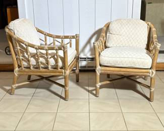 PAIR McGUIRE RATTAN & RAWHIDE ARMCHAIRS, ORGANIC MID CENTURY | Leather woven wood / bamboo style armchairs with back and seat cushions
Dimensions: h. 29 x w. 24.25 x d. 26 in
