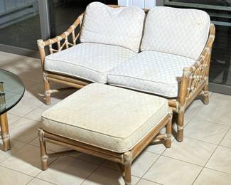 (2pc) McGUIRE RATTAN & RAWHIDE SETTE WITH OTTOMAN, ORGANIC MID CENTURY | The small sofa / loveseat with two seat cushions and back cushions, on a rawhide wrapped rattan frame; plus a square ottoman
Dimensions: h. 27.5 x l. 51 x d. 27 in (settee)
