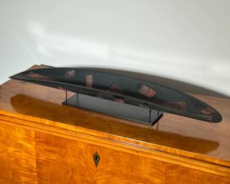 MARTIN KREMER (American, 21st Century) ART GLASS VESSEL |  Colorful kiln-formed glass with fused Murrini inclusions, no apparent signature; on a display stand
Dimensions: w. 6.75 x l. 32.75 in
