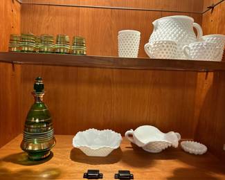 Milk glass & vintage green glass decanter set