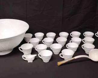 CT347Vintage Milk Glass Leaf Punch Bowl Set
