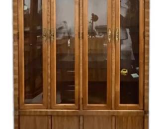 010 Drexel MidCentury Faux Bamboo Lighted China Cabinet w Glass Shelving