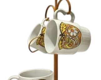 1970s Stacking Mugs With Groovy Apples Mug Holder