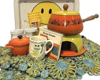 Vintage 70s Kitchenwares Owl Trivet, Fondue Pot, Smiley TV Tray, More