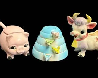 Vintage Elsie the Purple Cow Creamer Shaker Set, Beehive Nesting Measuring Cups, Ceramic Pig