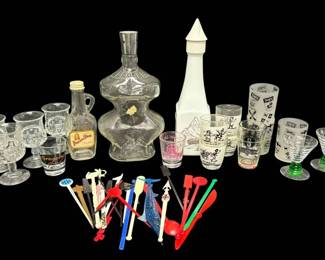 Vintage Barware Stirring Sticks, Shot Glasses, Decanter, More