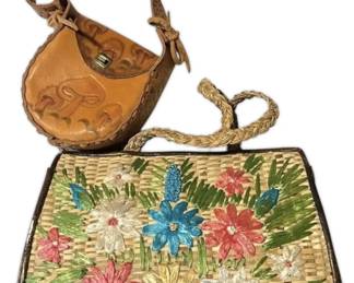 Vintage Tooled Leather Mushroom Mini Bag Floral Raffia Purse