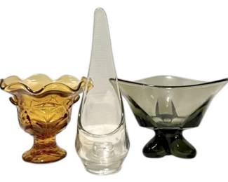 Viking Glass Amber Cabbage Leaf Compote, Swung Taperglow Candle Holder, ThreeFoil Bowl