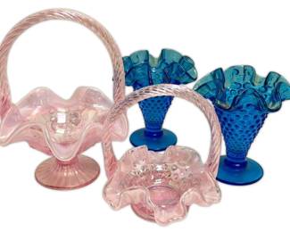 Fenton Pink Iridescent Glass Baskets Blue Hobnail Ruffled Vases