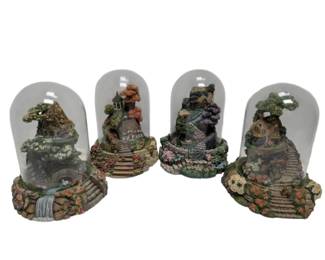 Four Violet L. Schwenig Hand Painted Cottages With Glass Domes