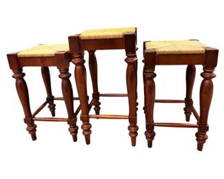 Three Rush Seat Wooden Bar Stools