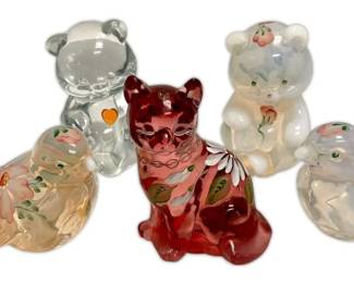 009 Fenton Hand Painted Glass Animals Opalescent Bear, Birds, Cranberry Floral Cat