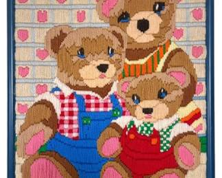 Vintage Framed Needlepoint Long Stitch And Baby Makes Three Teddy Bear Family