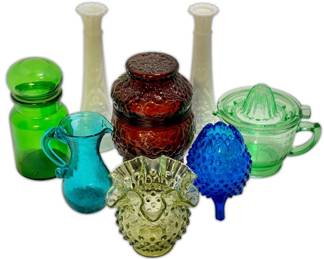 Fenton 3Toe Hobnail Egg Vase, Ruffled Bowl, Crackle Glass Pitcher, Canisters, Bud Vases