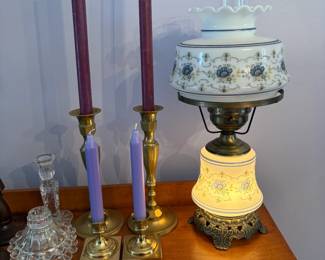 Brass candle sticks and unique glass lamps available