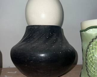 Ostrich egg and Native American pottery