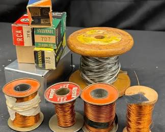 Vintage Electronics Items 5 Tubes, HNC NYLCLAD Wires, Rosin Core, Electrical Box