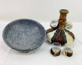 Vintage Leather Liquor Bottle/Decanter with Glasses & Stone Serving Bowl