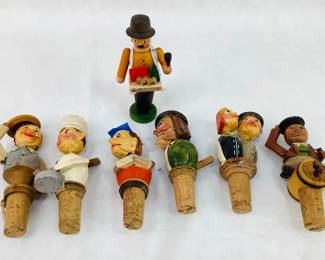 Charming Vintage Wood-Carved Bottle Stoppers & Mini 'Erzgebirge' Smoker