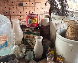 Crocks, ice skates, tins