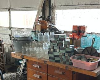 Lots of canning items, copper pot, double sided cabinet desk