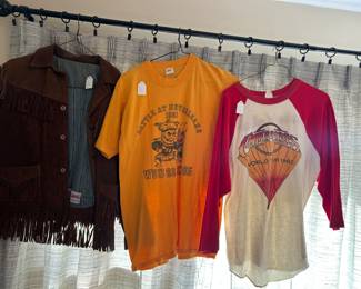 Vintage leather fringe jacket, 1982 Commodores concert shirt, KU vs WSU shirt