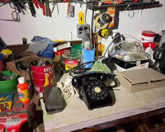 work area behind basement stairs.