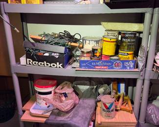 work area behind basement stairs.