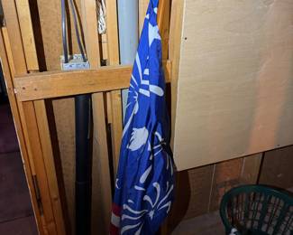 work area behind basement stairs.