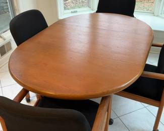 Mid-Century Modern Teak Veneer Kitchen Table & 4 Rolling Armchairs – Casual Dining Set