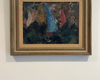 Original Mid-Century Oil Painting - Abstract Sailboats - 18 x 22