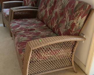 Wicker Patio Sofa with Red Tropical Floral Cushions (patio chairs and table are sold separately)