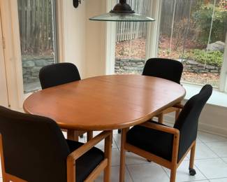 Mid-Century Modern Teak Veneer Kitchen Table & 4 Rolling Armchairs – Casual Dining Set