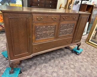 Ornate Oak Buffet w/ Paw Feet and Carved Details