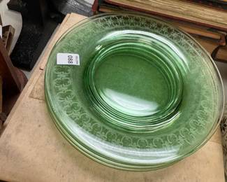Set Etched Green Depression Glass Plates