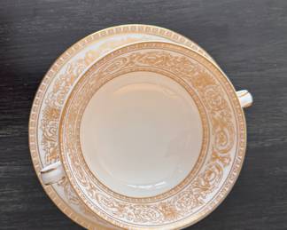 Royal Doulton Sovereign China. Items Includes: 18 Saucers, 12 Cups, 11 Cream Soups, 12 Bread & Butter, Sauce / Gravy Boat, Serving Platter. Photo 2 of 5.