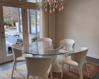MDF Italia White S Table Designed by Xavier Lust & Set of 5 Cassina Hannes Wettstein Hola 367 White Leather Chairs.